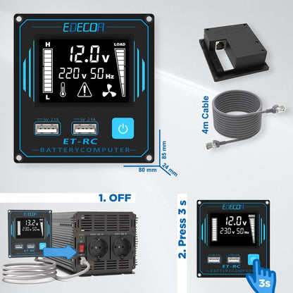 EDECOA 3000W Auto Omvormer 12V naar 230V 6000W Piek Camper Spanningsomvormer 12V 220V Gewijzigde Sinus Nieuwe Afstandsbediening met LCD Scherm en 2 USB