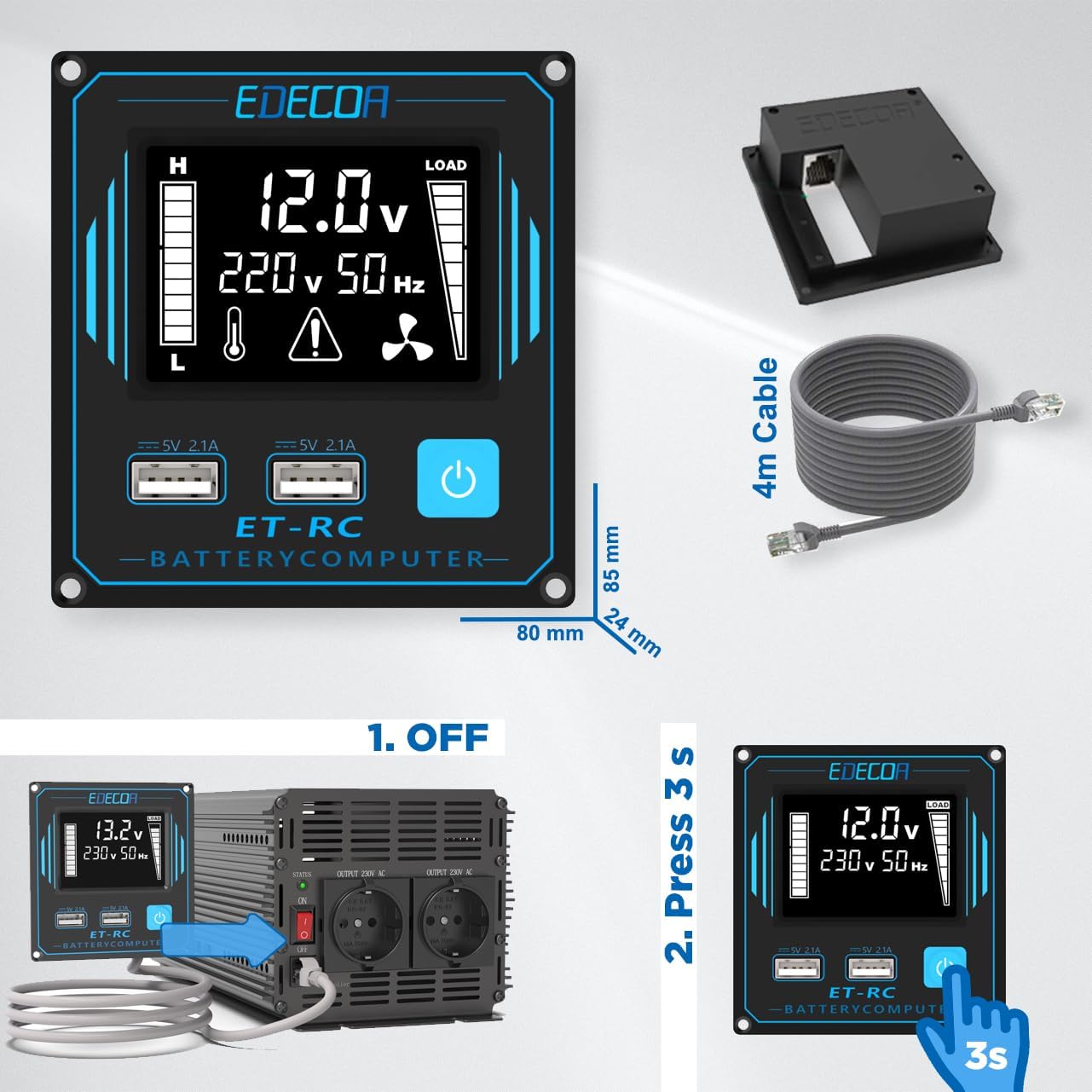 Edecoa omvormer 2000 W, spanningstransformator, 12 V/230 V, met nieuwe afstandsbediening, 2 x USB en LCD-scherm voor zonnepaneel, auto, woonwagen