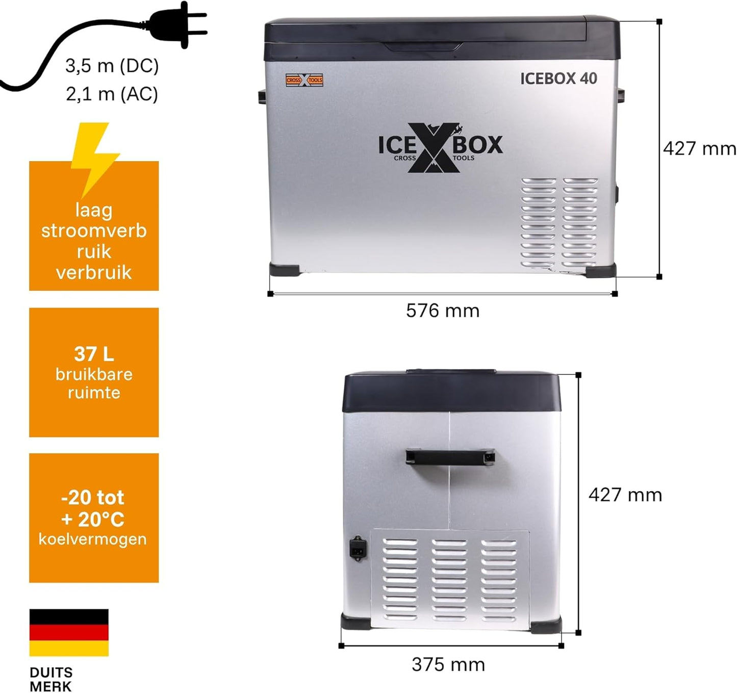 ICEBOX 40 68061 Elektrische koelbox en vriesbox, 40 l, compressor, voor camping, auto, bestelwagen, boten, met app-bediening, koelvermogen tot -20 °C, 230 V/12 V/24 V, 65 x 37,5 x 42,7 cm