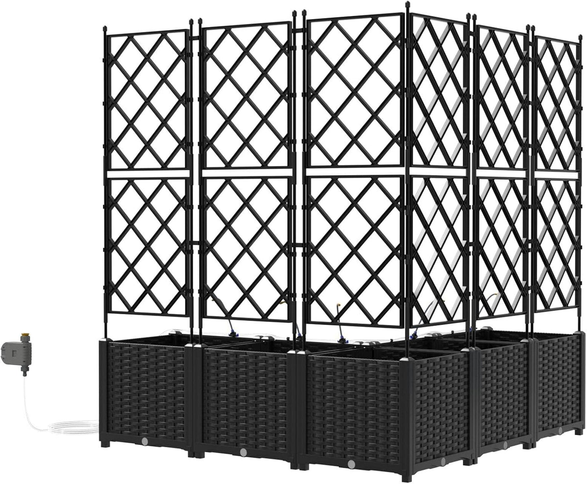 Garden Pots with Irrigation System, Pack of 5, Black, Modern Planters with Trellis for Climbing Planters, Balcony Decoration, Vertical Garden, Solid Construction, Simple - QUORE