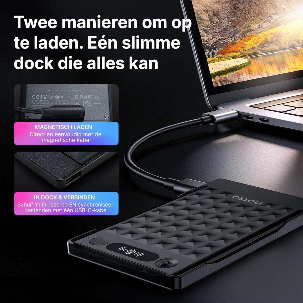 Notta Memo AI spraakrecorder(Zwart) met Memo MagBridge, AI-Transcriptie & Samenvatting 58 Talen, 2000u Geheugen, voor Gesprekken/Vergaderingen/Colleges