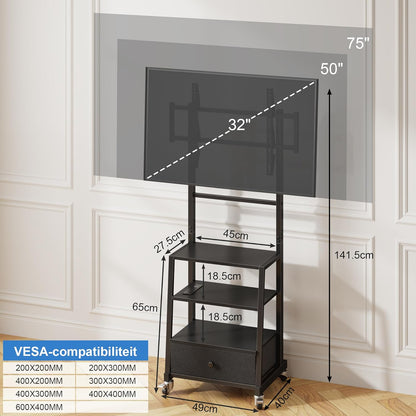Verrijdbare TV Standaard Met Beugel En Stopcontact – TV Meubel – TV Trolley – TV Statief – TV Kar – In Hoogte Verstelbaar – Geschikt Voor 32–75 Inch TV's