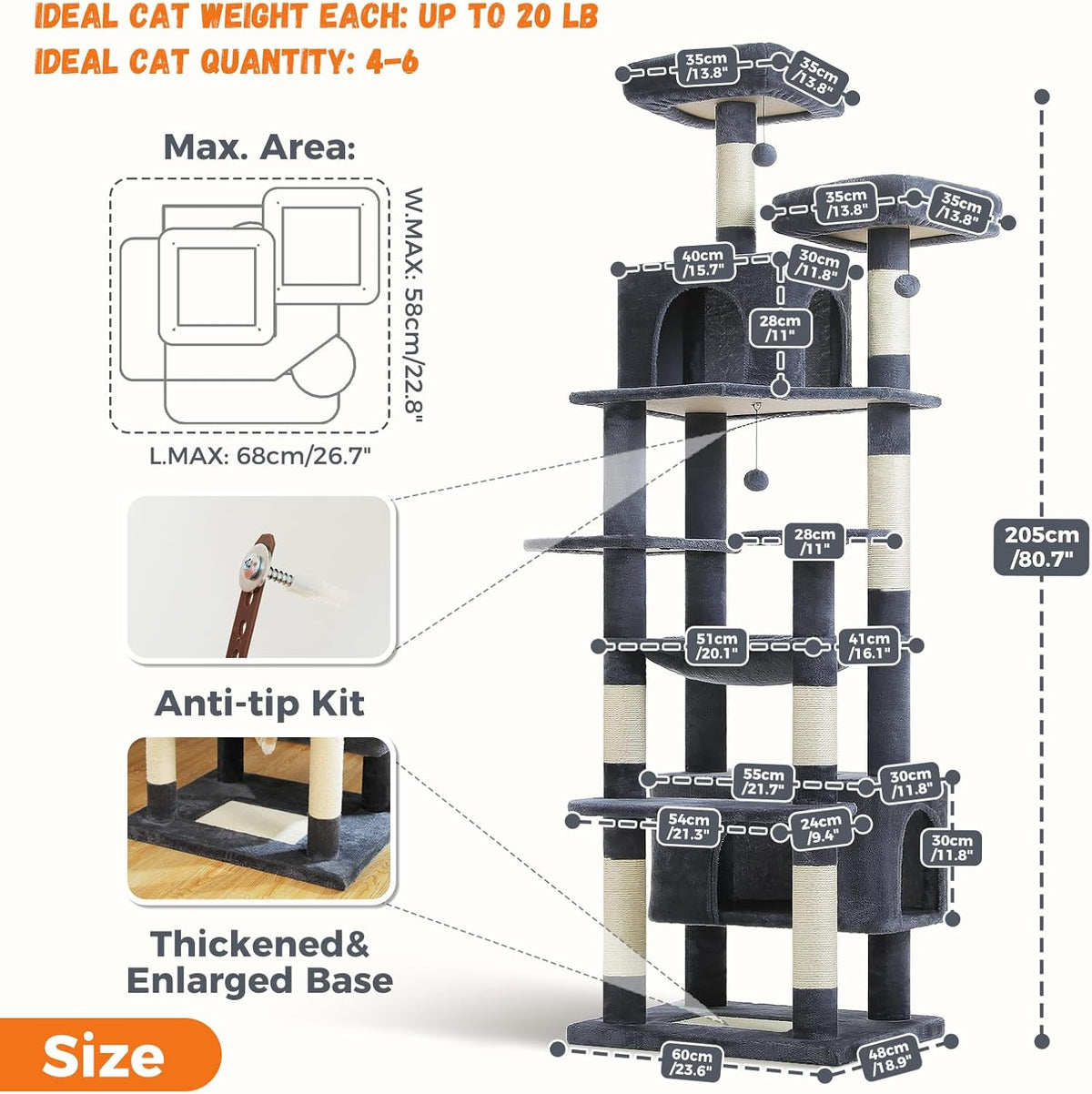 PAWZ Road Scratching Post for Large Cats, Stable 205 cm Scratching Post for Large Cats with Hammock, 7 Sisal Posts, Large Sitting Pole, Caves, Baskets, High Scratching Post for Indoor Cats, Dark Grey - QUORE