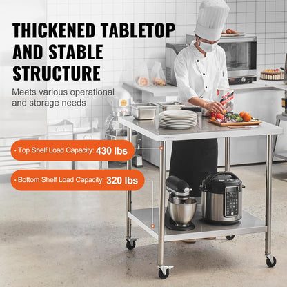 VEVOR Roestvrijstalen werktafel 61 x 90 x 90 cm, met 4 wielen, 3 verstelbare hoogteniveaus, zware werktafel voor voedselvoorbereiding voor commercieel keukenrestaurant, zilver