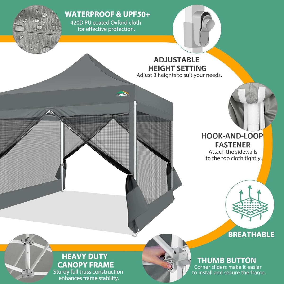 COBIZI Paviljoen, 3x3, vouwpaviljoen, waterdicht, stabiel, partytent, tuinpaviljoen, uv-bescherming met 4 zijwanden van mesh, grijs