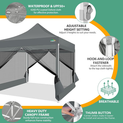 COBIZI Paviljoen, 3x3, vouwpaviljoen, waterdicht, stabiel, partytent, tuinpaviljoen, uv-bescherming met 4 zijwanden van mesh, grijs