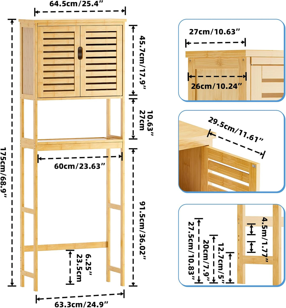 SMIBUY Badkamer boven het toilet opbergkast, 2-deurs bamboe kast organizer, vrijstaand ruimtebesparend toiletrek met verstelbare binnenplank en open plank (natuurlijk)