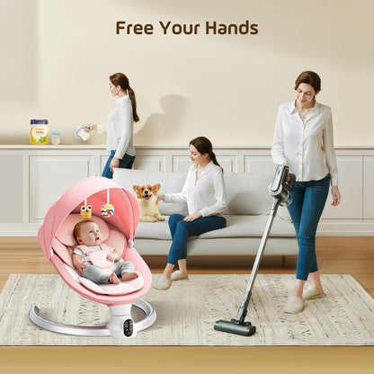 Electric Baby Rocker 0-9 kg Swing with Remote Control and Bluetooth, 5 Swing Widths and 5-Point Safety Belt, Insect Net (Pink) - QUORE
