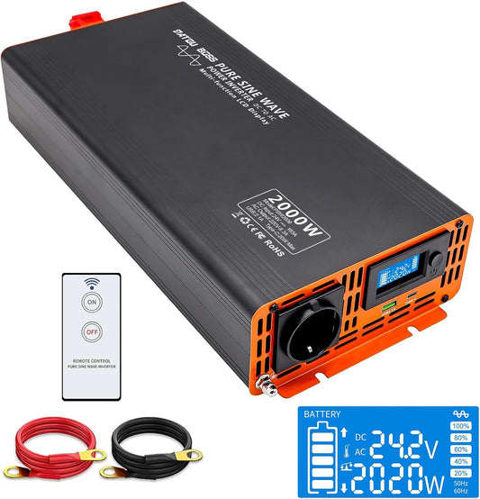DATOUBOSS Omvormer 24v 230v Pure Sine 2000W Afstandsbediening Spanningsomvormer Pure Sine met 1 EU stopcontact USB & Type-c & LCD Display