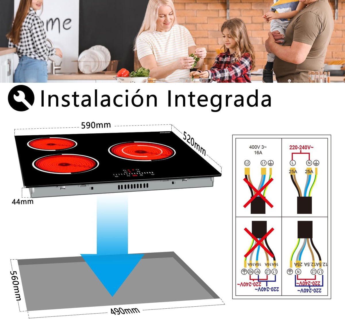 Keramische kookplaat 5200W, Jessier 3-zones elektrisch kookplaat, Ingebouwde kookplaat met 9-vermogensniveaus instelling, Pauzefunctie, Timer, Touch Control, Kinderslot Zwart