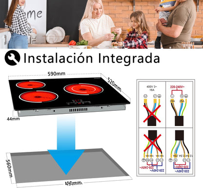 Keramische kookplaat 5200W, Jessier 3-zones elektrisch kookplaat, Ingebouwde kookplaat met 9-vermogensniveaus instelling, Pauzefunctie, Timer, Touch Control, Kinderslot Zwart