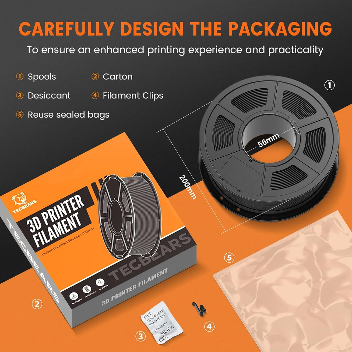 TECBEARS PETG Filament voor 3D-printer PETG, 1,75 mm, 10 kg, hoge taaiheid (zwart x 2, wit x 2, citroengeel, kersenrood, lichtoranje, muntgroen, hemelsblauw, chocolade)