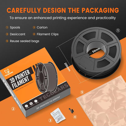 TECBEARS PETG Filament voor 3D-printer PETG, 1,75 mm, 10 kg, hoge taaiheid (zwart x 2, wit x 2, citroengeel, kersenrood, lichtoranje, muntgroen, hemelsblauw, chocolade)