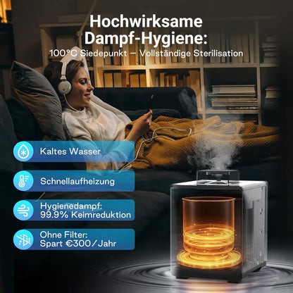 Luchtbevochtiger met hete stoom – Stoombevochtiger – Warmdamp luchtbevochtiger – Verdamper – Bevochtiger – 3 L Roestvrijstalen Tank – Zonder Filter, Zwart