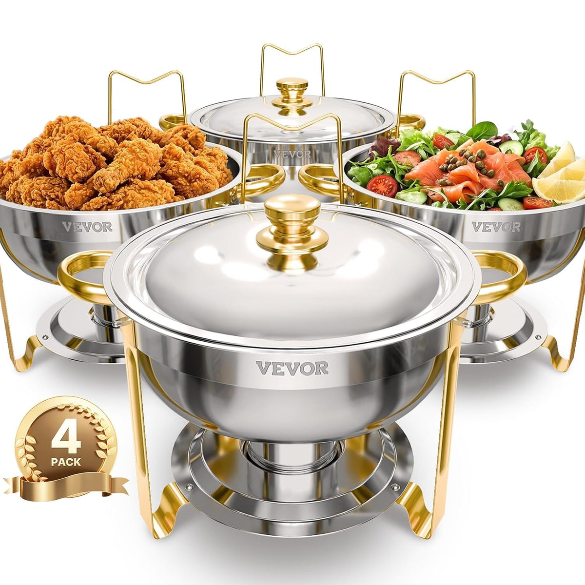 VEVOR Buffetwarmer met 4 containers in volledige grootte (elk 4,7 l), rond, voor catering, met deksel, waterschaal en opvouwbare standaard, voor bruiloften en feesten, goudkleurig