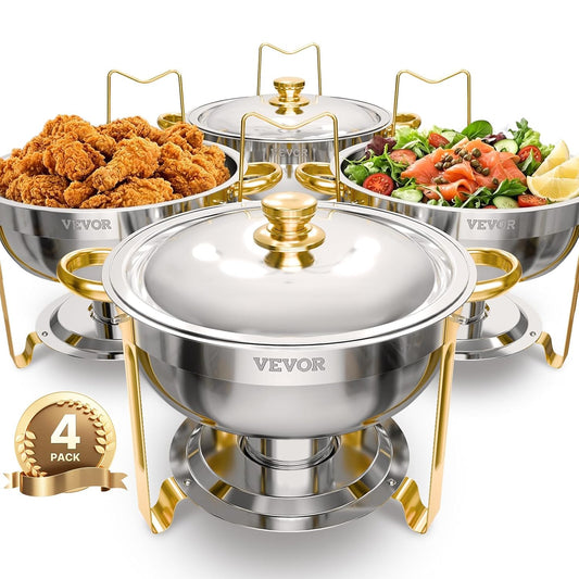 VEVOR Buffetwarmer met 4 containers in volledige grootte (elk 4,7 l), rond, voor catering, met deksel, waterschaal en opvouwbare standaard, voor bruiloften en feesten, goudkleurig