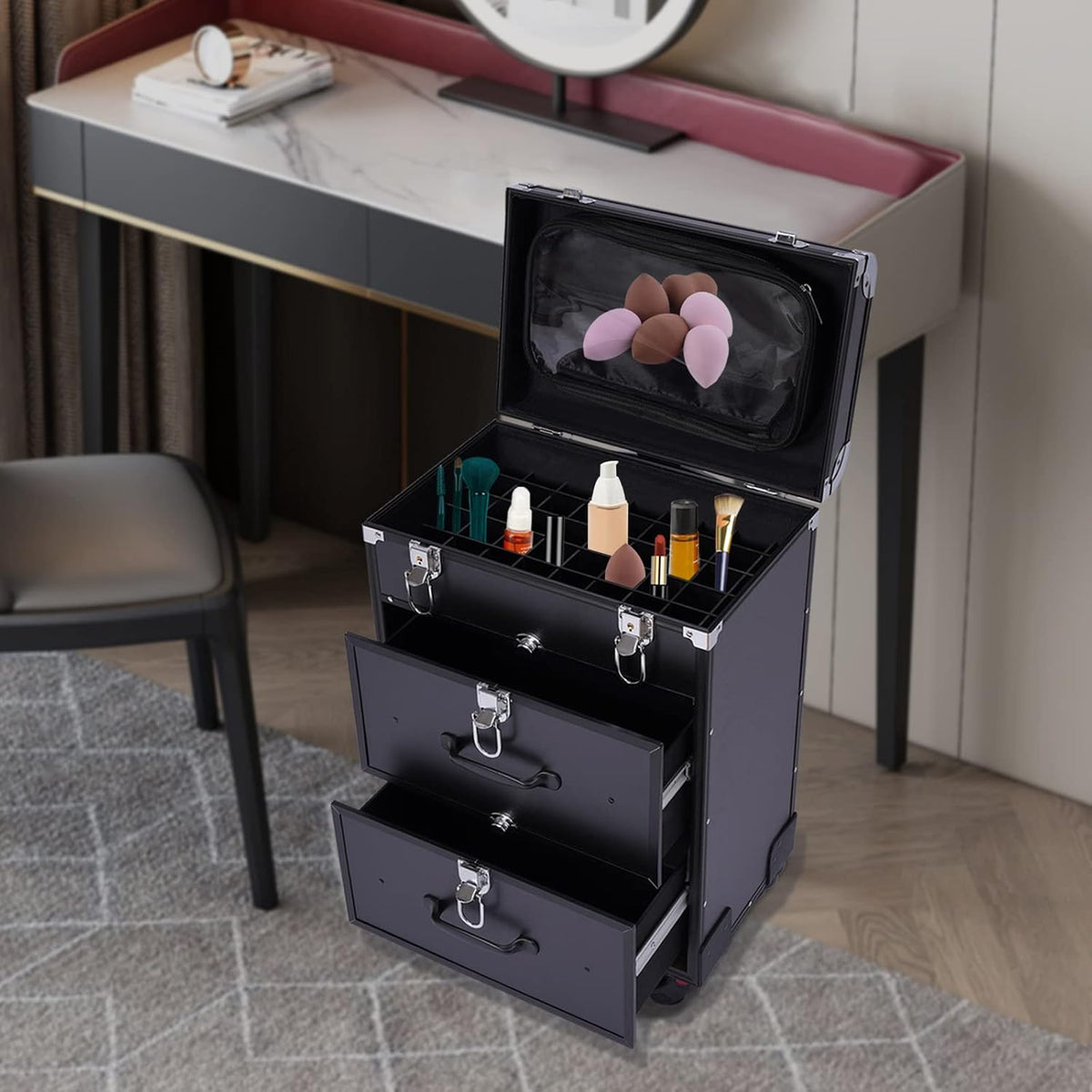 OUKANING Cosmetic Case Trolley 40 Compartments + 2 Drawers 50 kg Load Capacity 4 Universal Wheels & Locks for Make-Up Hairdressing Supplies Low Noise, Black, modern - QUORE