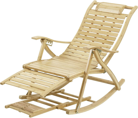 FATIVO Klapstoel, schommelstoel, bamboe, verstelbaar, 5 niveaus, schommelstoel met balkon, tuin, met massage, voetensteun, armleuning en kussen, maximale belasting van 150 kg