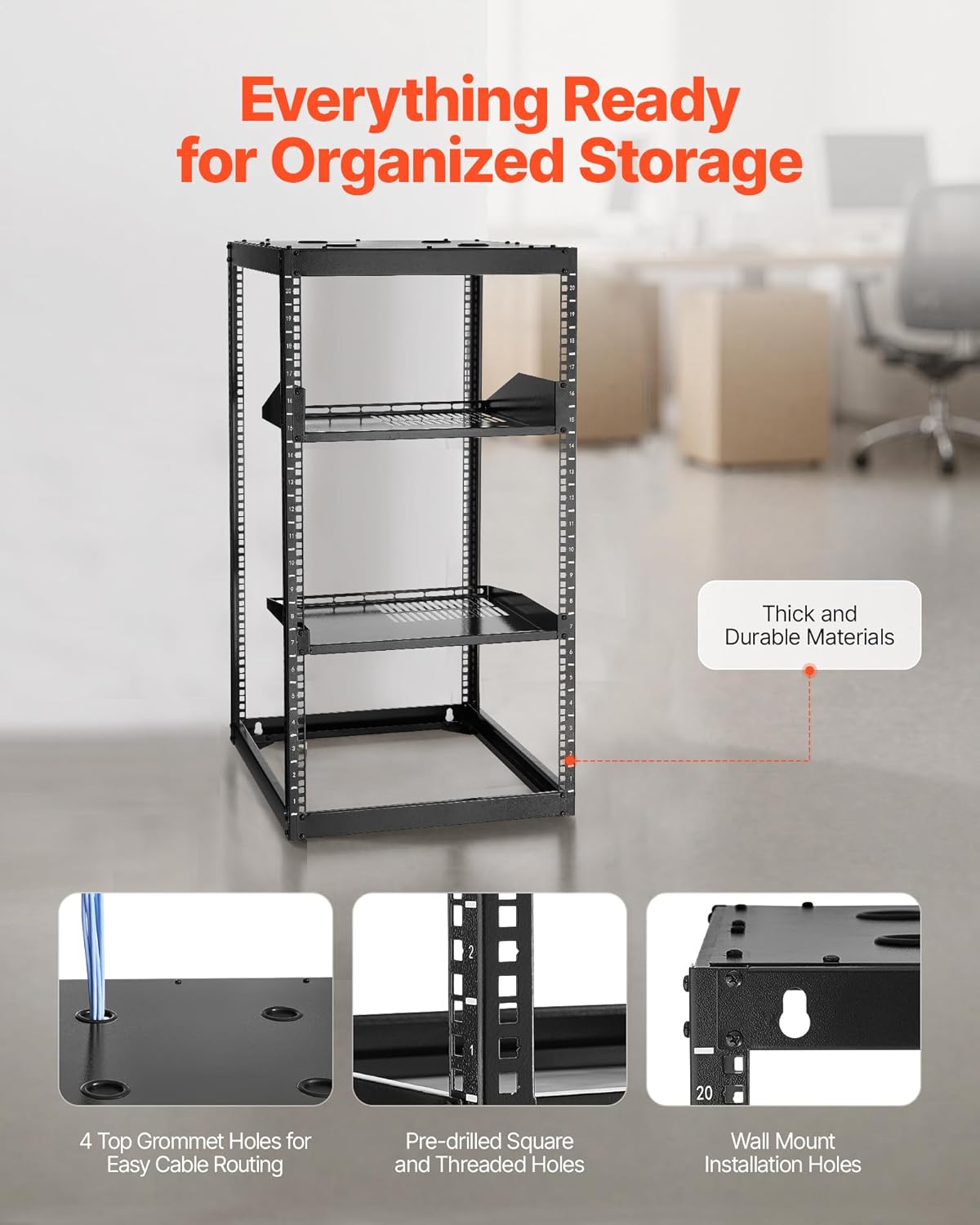 VEVOR 20U Open Frame Netwerk Rack, 58,4 cm diepte, wandmontage of staande serverrek, Heavy Duty 4 Post, met geventileerde planken en montagehardware, houdt al uw netwerk-IT-apparatuur AV-apparatuur