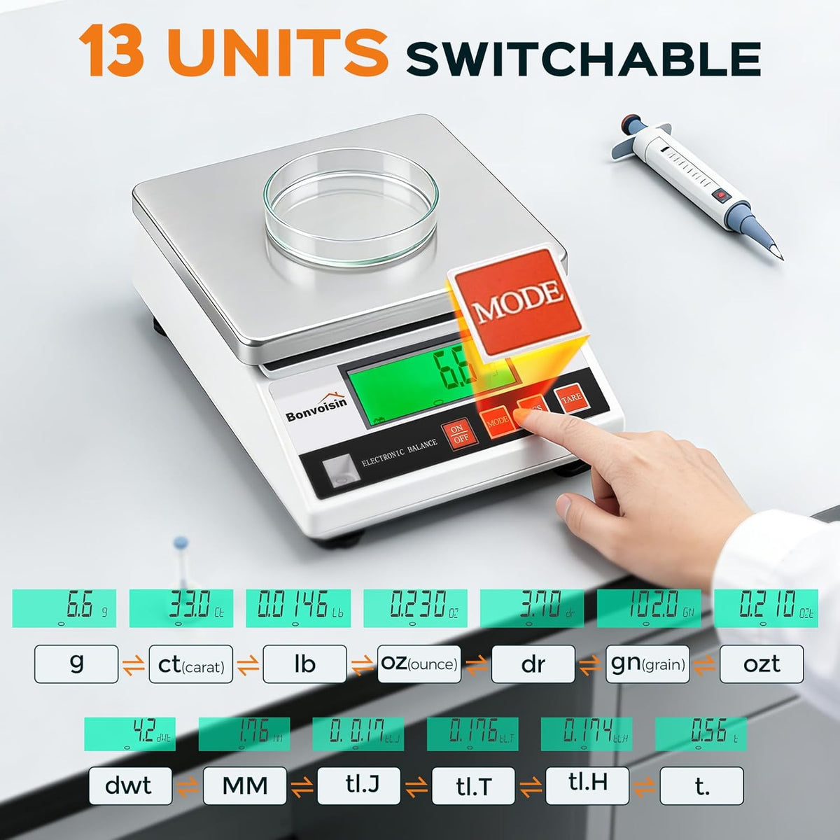 Bonvoisin Precisieweegschaal, 10 kg/0,1 g, industriële weegschaal, digitale analytische weegschaal, laboratoriumweegschaal voor sieraden en school, met CE-certificering, professionele elektronische