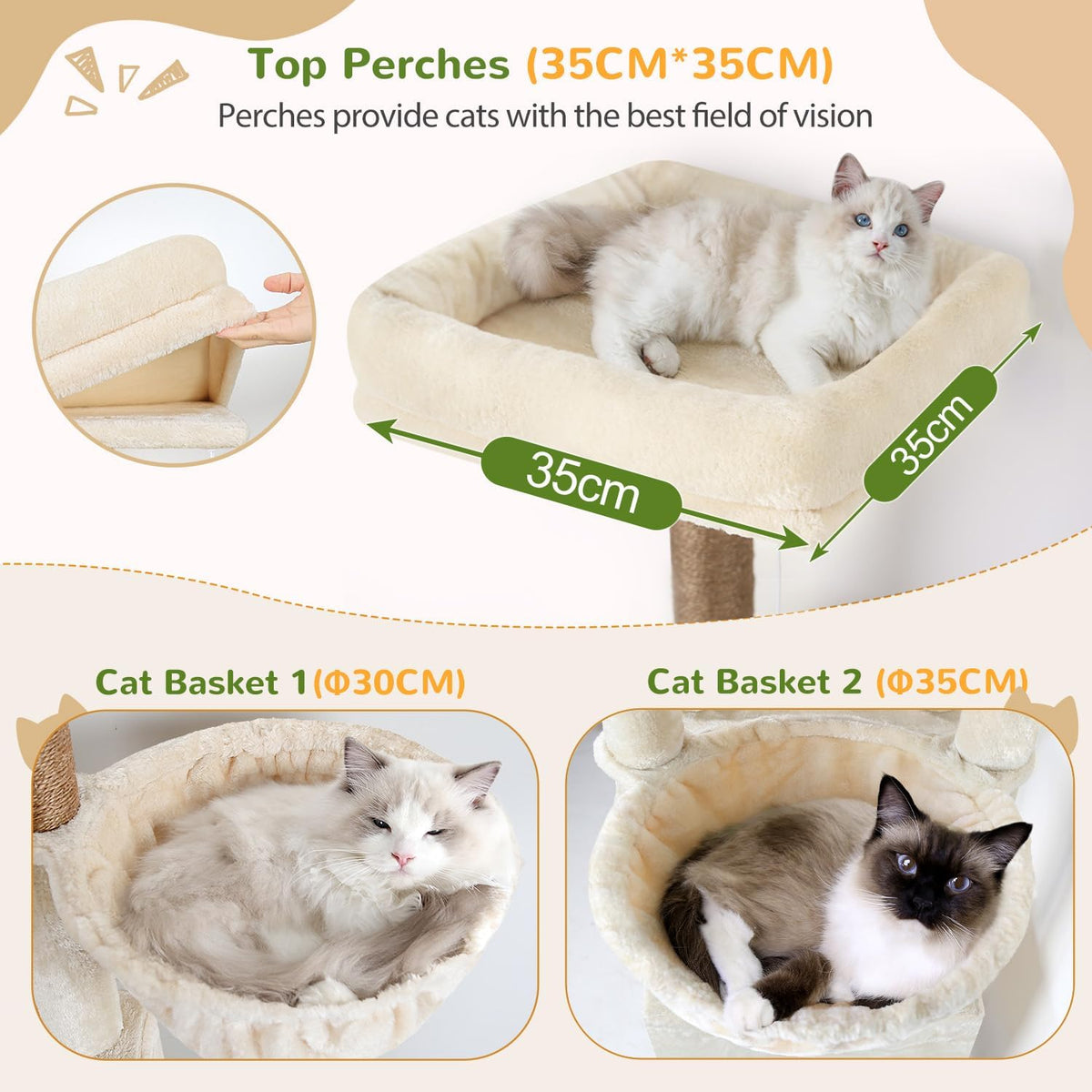 Kattenboom – Krabpaal – Kattenmeubel – Krabmeubel – Beige – Voor 3-5 Grote Katten – 2 Grote Kattenhuisjes 45x30 cm – 3 Ruime Platforms 45x45 cm