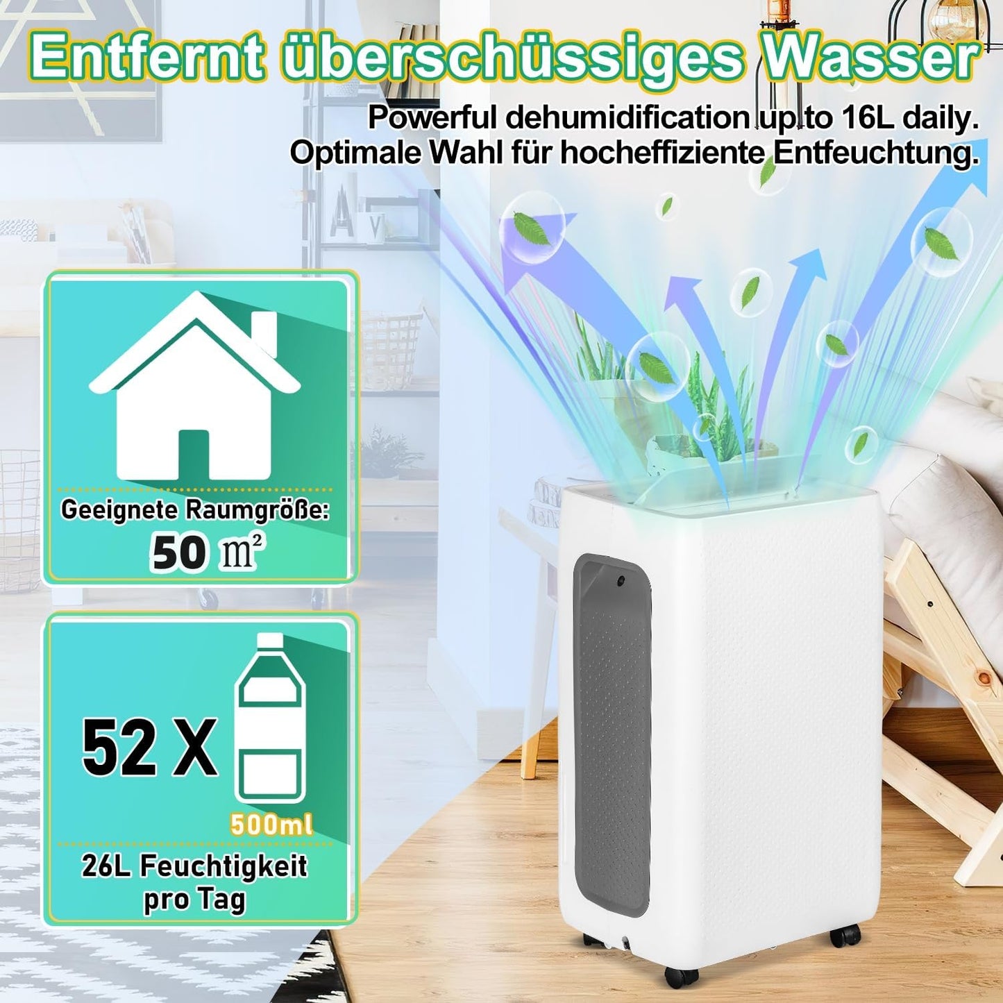 Luchtontvochtiger, 26 l/dag, elektrisch voor ruimtes tot 50 m², luchtontvochtiger met 3 bedrijfsmodi, afvoerslang, timer 24 uur, ontvochtiger, kelder met automatische ontdooiing