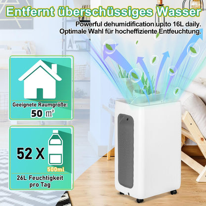 Luchtontvochtiger, 26 l/dag, elektrisch voor ruimtes tot 50 m², luchtontvochtiger met 3 bedrijfsmodi, afvoerslang, timer 24 uur, ontvochtiger, kelder met automatische ontdooiing