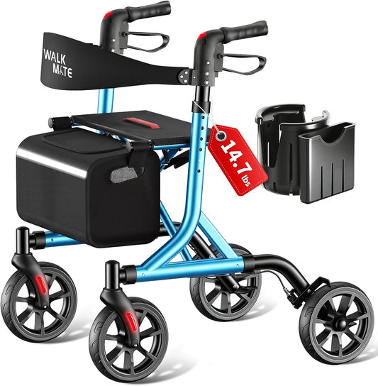 WALK MATE Rollator Lichtgewicht opvouwbare met zitting - Aluminium rollator smal voor woning, hoogteverstelbaar met duwknop, bekerhouder, loophulp voor ouderen (6,7 kg) (Blauw)