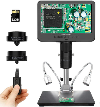 Andonstar AD246-M Digitale Microscoop - 3 Lens Solderen, Elektronisch, Munt, Biologische Kit - 1080P FHD Video Record, 7 Inch LCD 500x, 32G Kaart