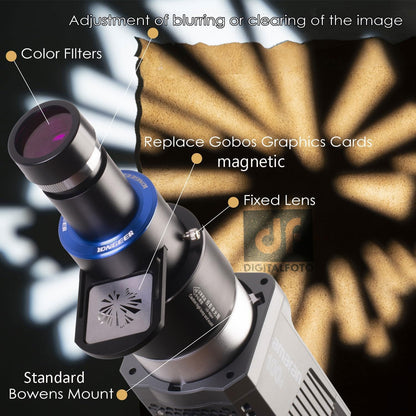 DF DIGITALFOTO Optische Snoot Bowens Mount Gobo Projector, 25 Gobo's, Projectie Opzetstuk voor Fotografie Spotlight, Compatibel met Aputure Amaran 100X/D 200D/X, Godox SL60 voor Portret, Focusbaar