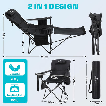 Opvouwbare campingstoel, 2-in-1, strandstoel met 4-voudig verstelbare rugleuning, campingstoel met voetensteun, met koeltas, bekerhouder voor camping, strand, festival, tuin, balkon