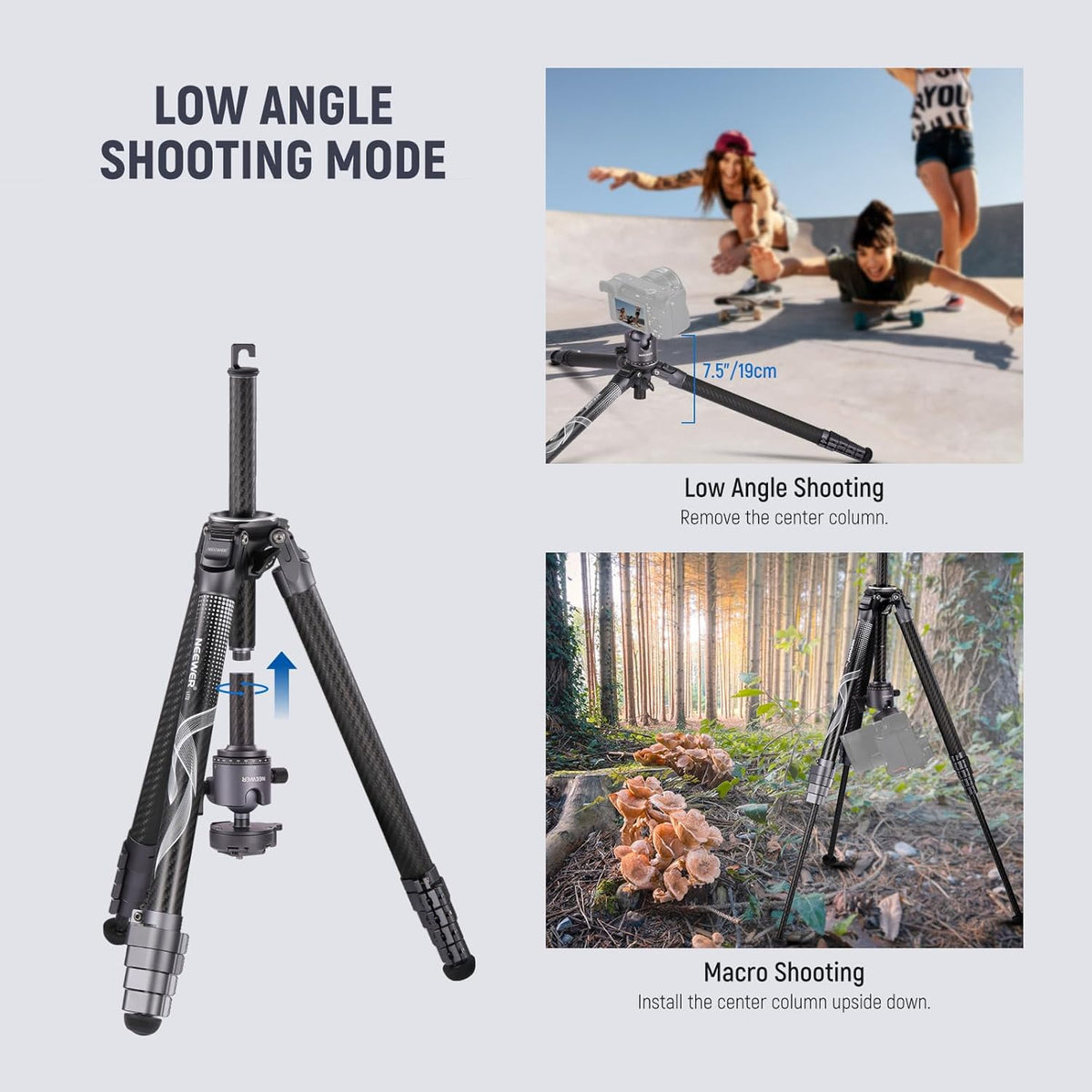 NEEWER LITETRIP 157,5 cm reiscamerastatief, koolstofvezel draagbare standaard met verwijderbare ±15° nivellering, 360° Pano-kop, maximale belasting 10 kg, Arca QR-plaat compatibel met Peak Design
