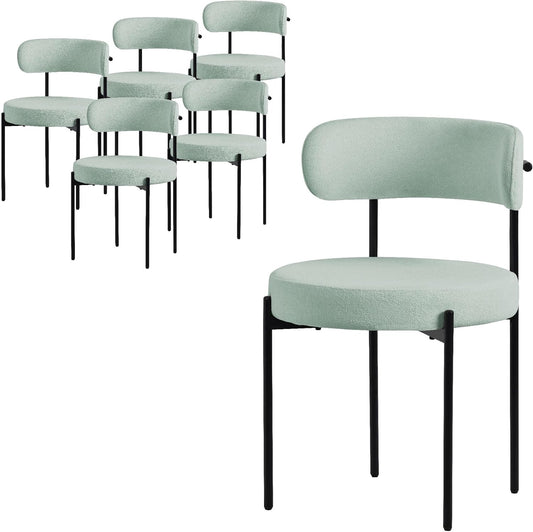 ML-Design Dining Chairs Set of 6, Kitchen Chair in Teddy Fabric Green, Living Room Chair with Backrest, Upholstered Chairs with Black Metal Legs, Ergonomic Lounge Chairs, Dining Room Chairs