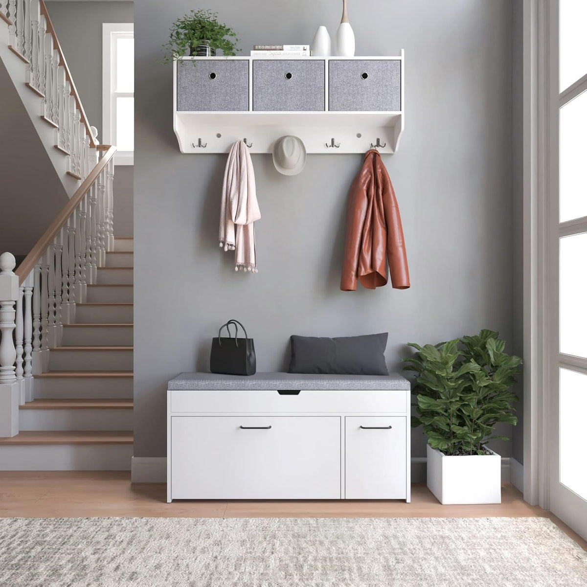Meerveil Shoe Bench with Seat, Shoe Bench with Storage Space and Folding Drawer, Wooden Industrial Style for Hallway, 100 x 52 x 30 cm (W x H x D), White - QUORE