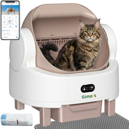 Gimars Open Top Design Zelfreinigende Kattenbak, Automatische Kattenbak voor Meerdere Katten & Senior Katten, App Control met Veiligheidssensoren, Lage Geur, Inclusief Vuilniszakken & Kattenbak