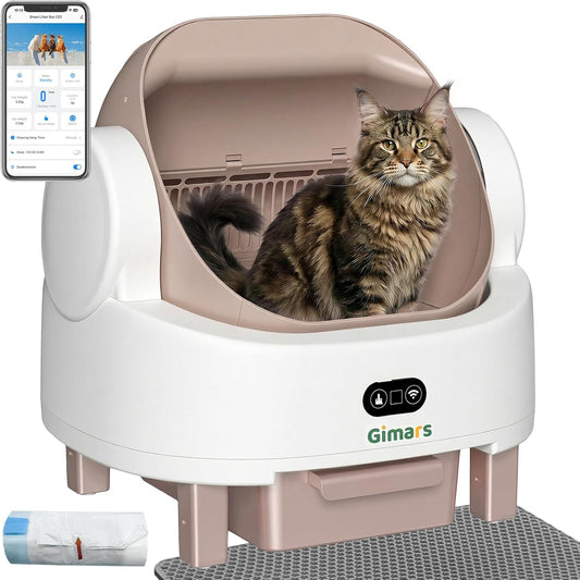 Gimars Open Top Design Zelfreinigende Kattenbak, Automatische Kattenbak voor Meerdere Katten & Senior Katten, App Control met Veiligheidssensoren, Lage Geur, Inclusief Vuilniszakken & Kattenbak