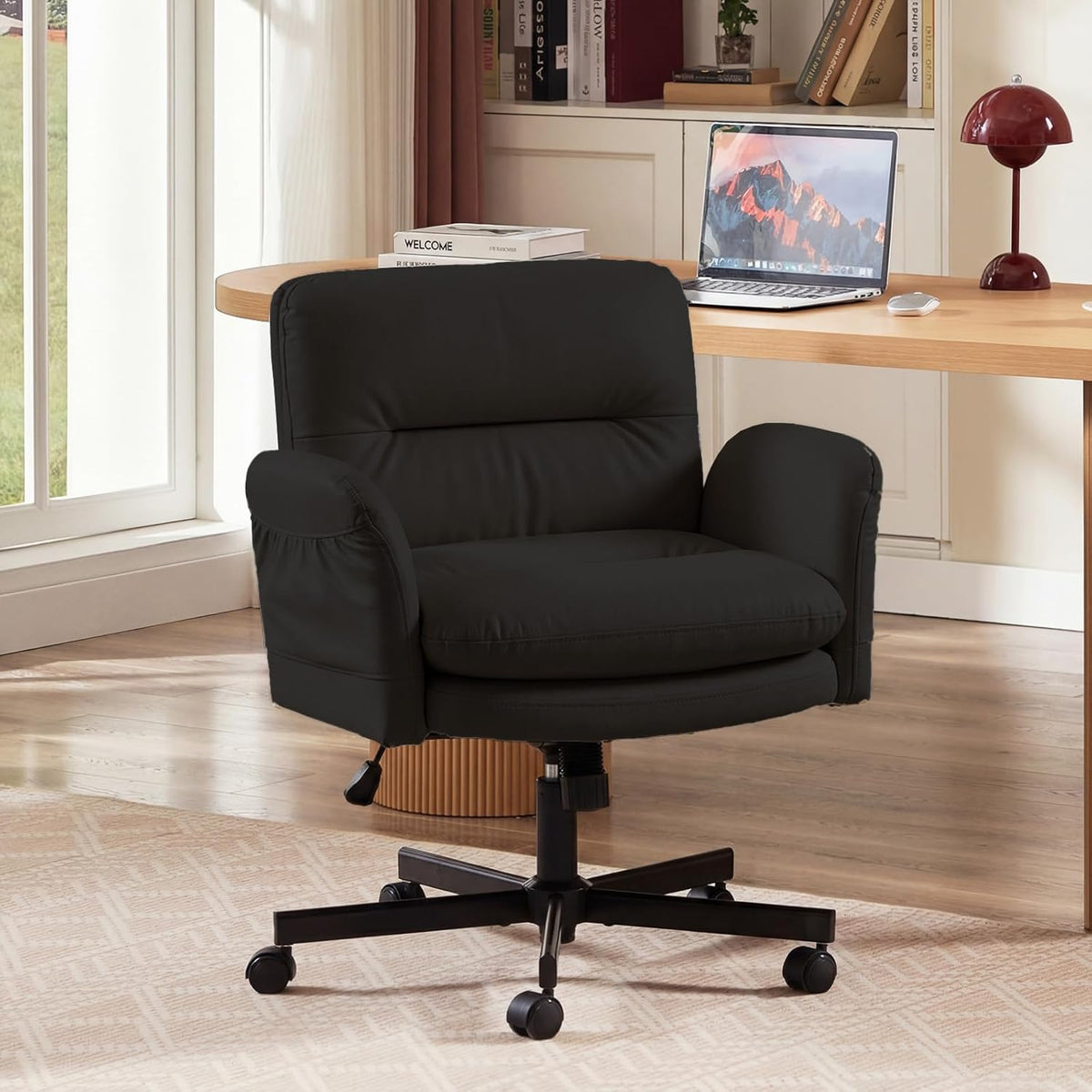 Bestier Bureaustoel met gevoerde zitting, in hoogte verstelbare armleuningen, draaistoel met wielen voor thuiskantoor, commode, make-uptafel, zwart