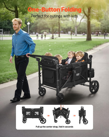 VEVOR Wagon Kinderwagen voor 4 Kinderen, Push Pull Quad Opvouwbare Kinderwagen met Verstelbare Handvat, 5-punts Veiligheidsharnas & Afneembare Luifel, 4-zits Kinderwagen voor Camping, Zwart (149,7 kg