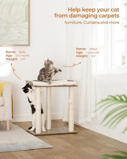 Kattenkrabpaal – Krabboom – Kattenboom – Krabpaal Kat – Krabmeubel – Groot Platform 50x34 cm – Drie Natuurlijke Sisal Kolommen 60 cm Hoog – Greige