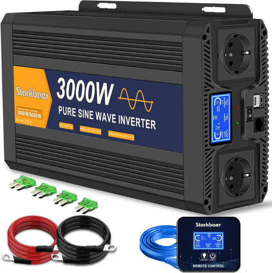 <font dir="auto" style="vertical-align: inherit;"><font dir="auto" style="vertical-align: inherit;">        3000W/6000W 12V to 230V Pure Sine Wave Power Inverter, Car Charger with LCD Display, Remote Control, 2 EU AC Outlets, 1 Type-C and 1 USB Port