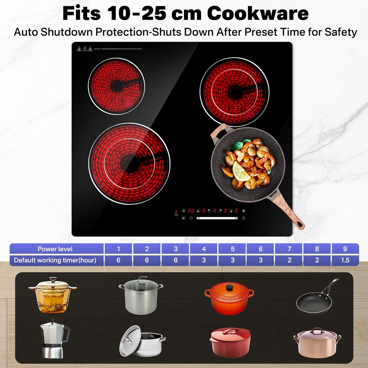 Infrarood kookpan met 4 zones, 60 cm, voor de keuken, elektrische kookplaat, 6700 W, ingebouwde kookplaat, keramische kookplaat, vier ringen, glazen kooktop