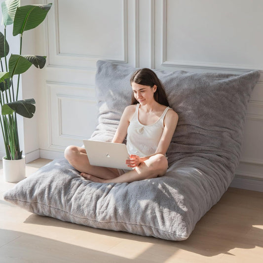 MAXYOYO Gigantisch zitzakbed – vierkante zitzakstoel – groot sofa met pluche bekleding en pluizige vulling voor volwassenen, koppels, gasten (grijs, 150x200cm)