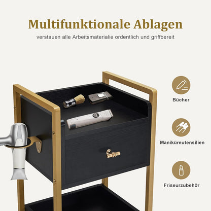 Werkwagen – Kapperswagen – Servicetrolley – Salontrolley – Werktafel – 3 Lades & 2 Planken – 360° Zwenkwieltjes Met Rem