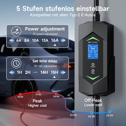 Mobile Wallbox 11 kW 5 m, 6-16 A 3-fasig type 2 oplaadkabel, draagbare EV oplader met digitaal display, instelbare stroom, mobiel laadstation voor elektrische voertuigen