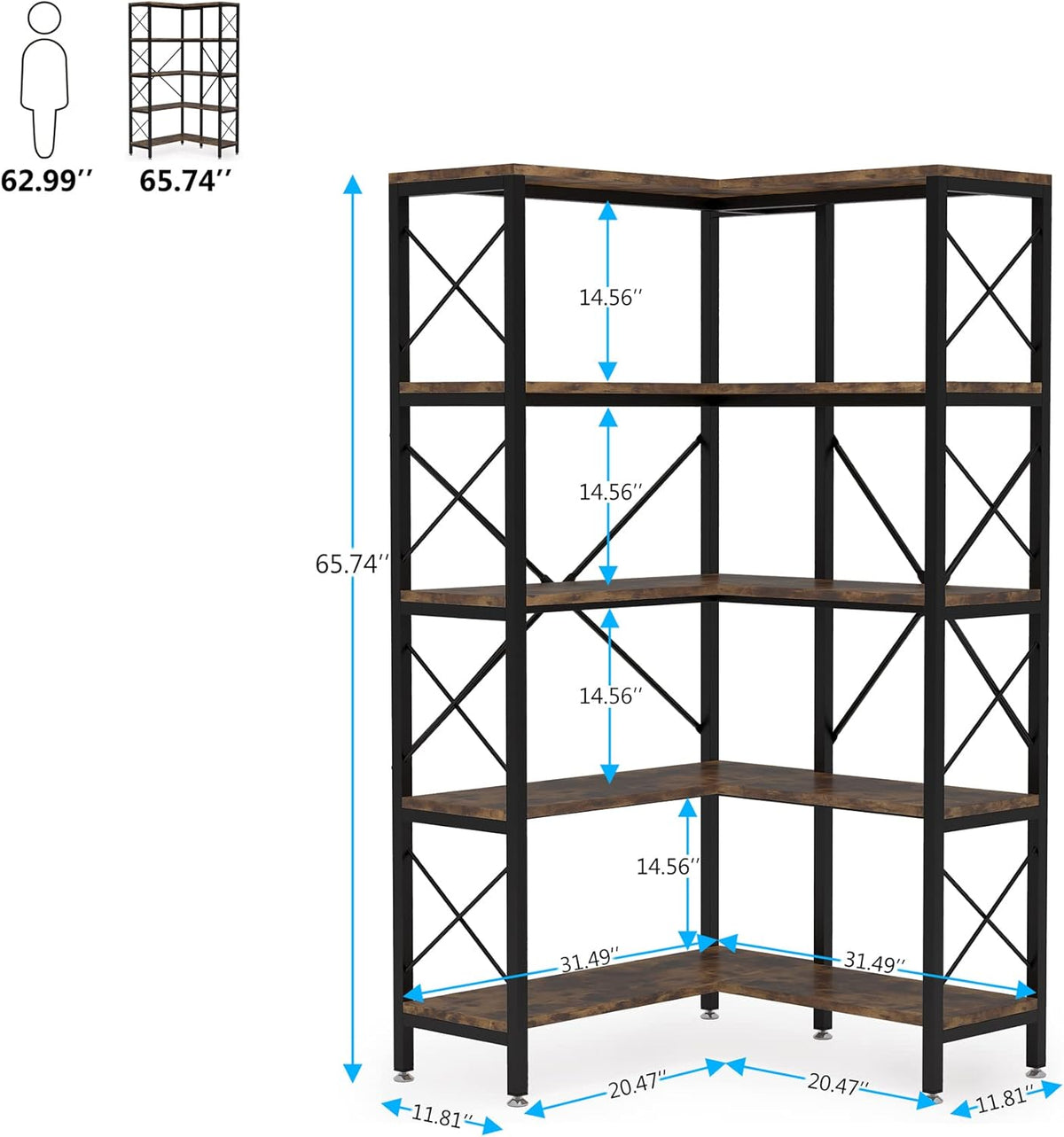 Tribesigns Corner Bookshelf, Large Modern Corner Bookcase, High Corner Shelf Storage Display Rack with Metal Frame for Living Room Home Office (Rustic Brown) (5 Shelves)