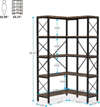 Tribesigns Corner Bookshelf, Large Modern Corner Bookcase, High Corner Shelf Storage Display Rack with Metal Frame for Living Room Home Office (Rustic Brown) (5 Shelves)