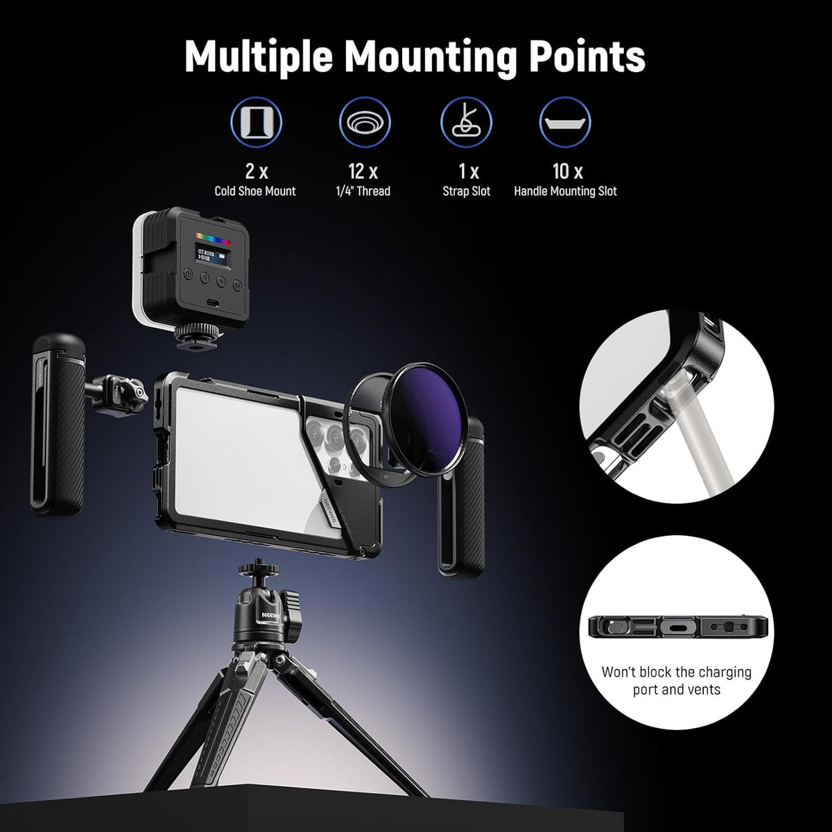NEEWER PA082 S25 Ultra Telefoonhouder voor het opnemen van filmen met 2x handvat, 67mm filteradapter, 17mm Lens Backplate, T-Mount Adapter, Video Rig Stabilizer Compatibel met Samsung Galaxy S25 Ultra