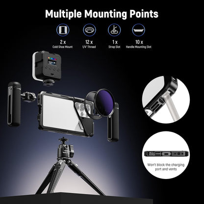 NEEWER PA082 S25 Ultra Telefoonhouder voor het opnemen van filmen met 2x handvat, 67mm filteradapter, 17mm Lens Backplate, T-Mount Adapter, Video Rig Stabilizer Compatibel met Samsung Galaxy S25 Ultra