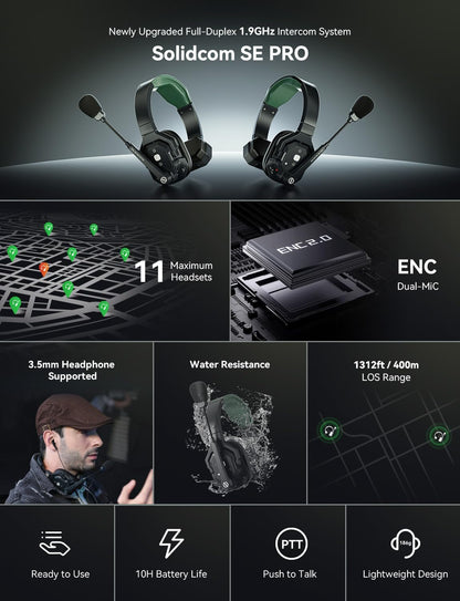 Hollyland Solidcom SE PRO 2-Users ENC Noise Cancellation Wireless Intercom Headset Systeem 1312ft Team Communication with 3,5 mm Single Ear Headset for Movie Shoot Live Show (1.9GHz versie)
