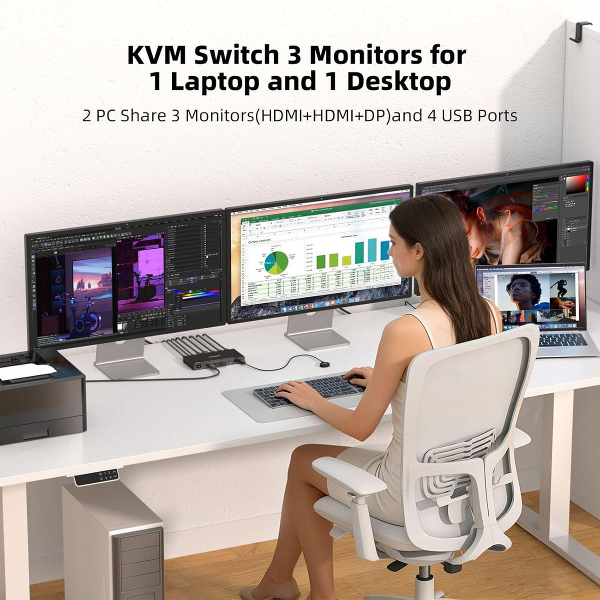 Triple Monitor KVM Switch voor 1 Laptop 1 Desktop, USB 3.1 KVM Switch 2 PC 3 monitoren USB C HDMI DP Delen 4 USB Device Muis, Toetsenbord, 100W PD, 4K @60Hz, MST, bedrade afstandsbediening